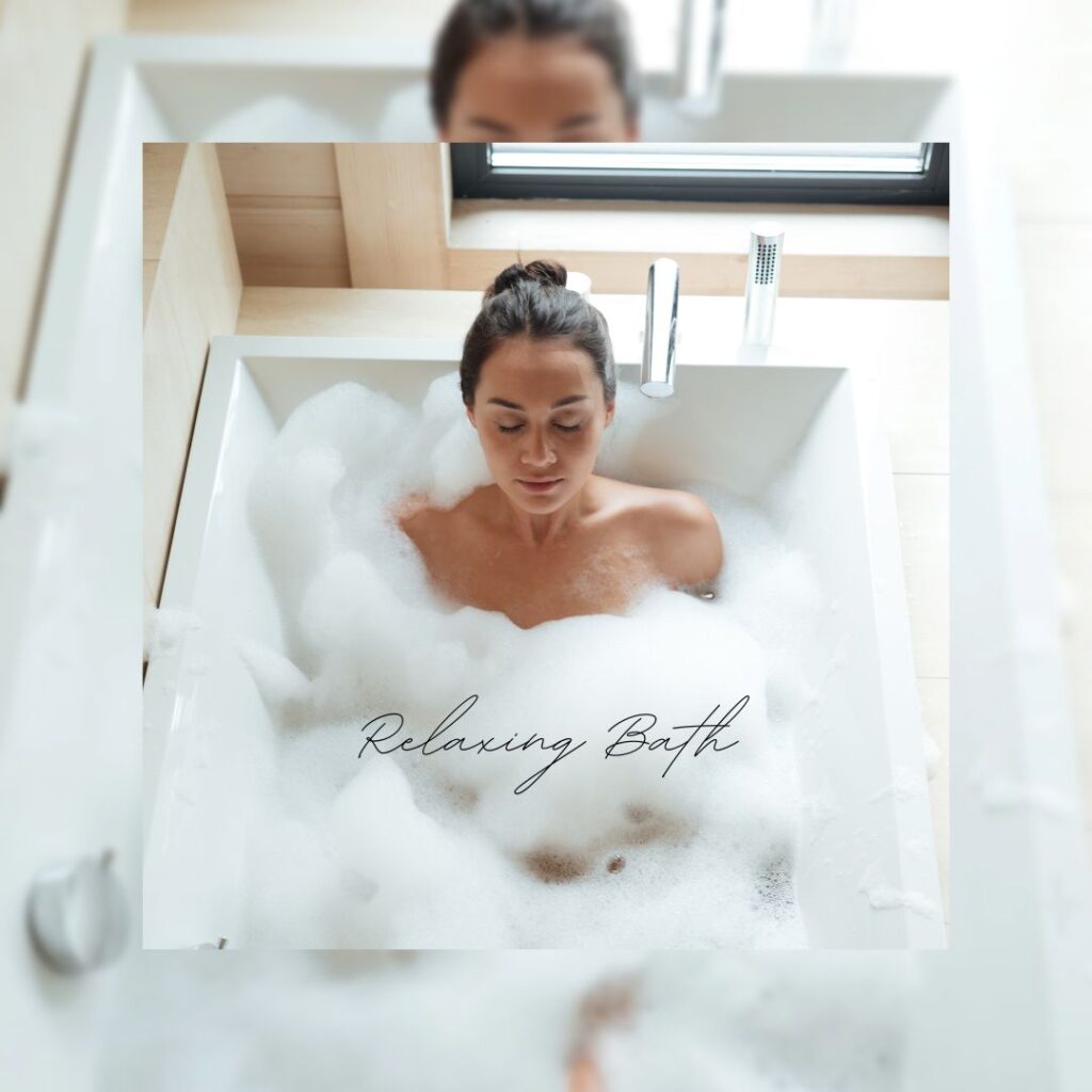 A woman using a bath to relieve stress.  Picture says "Relaxing bath".