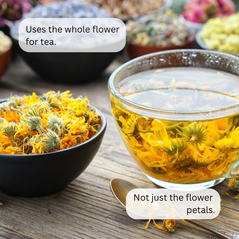 Calendula tea with words advising you to use the whole flower