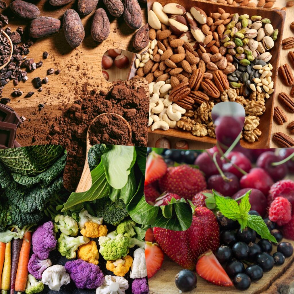 antioxidants - chocolate, nuts & seeds, colorful veggies, colorful berries